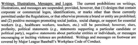 violate the policy. Meanwhile...a player wears cleats that DIRECTLY VIOLATE YOUR OWN POLICY and one of your official accounts promotes it?! In case you need a reminder, “designs that contain corporate or commercial logos [...]are prohibited”...here’s your words on the matter 
