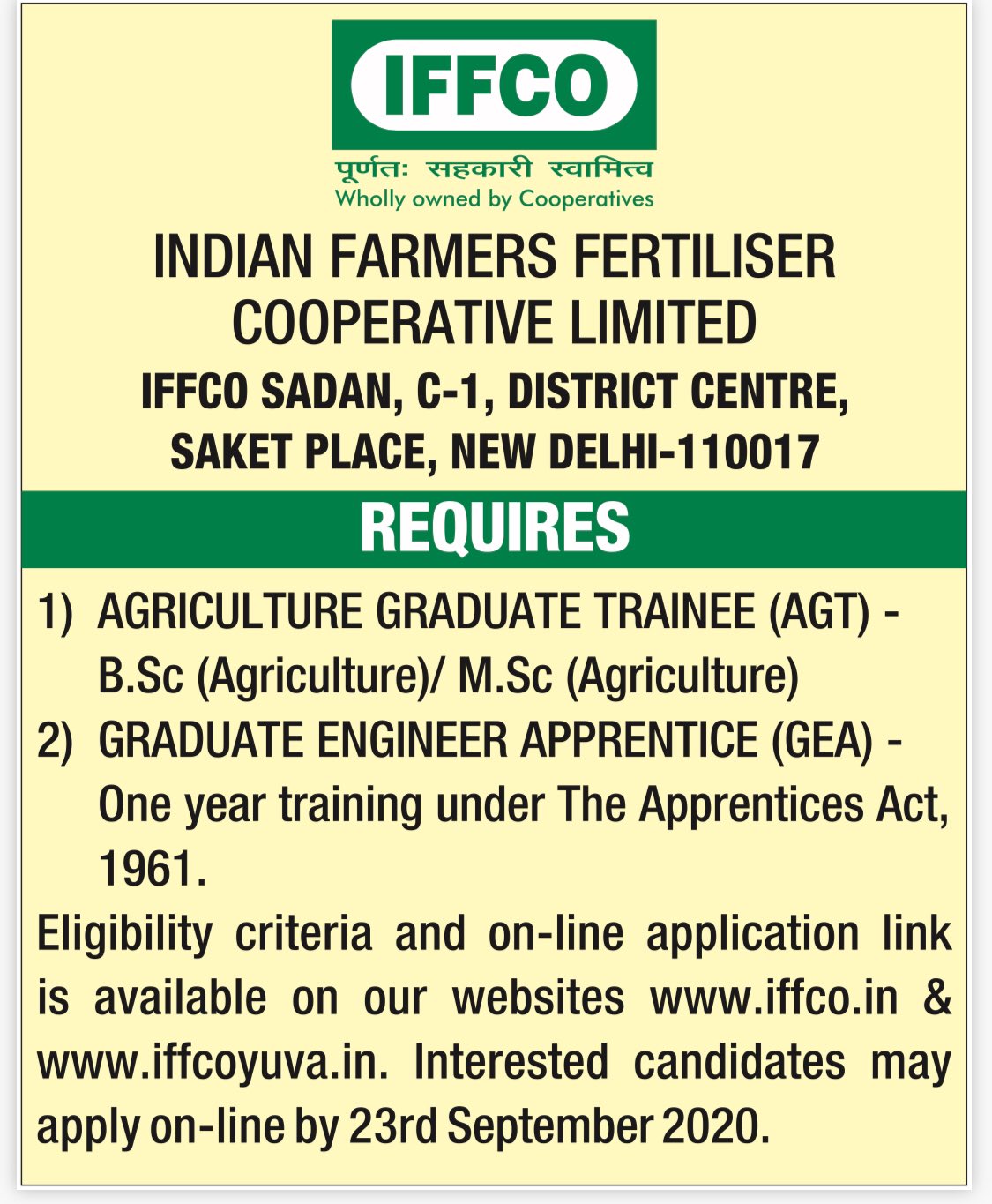 IFFCO on X: &ldquo;At #IFFCO, We are looking for AGRICULTURE GRADUATE 