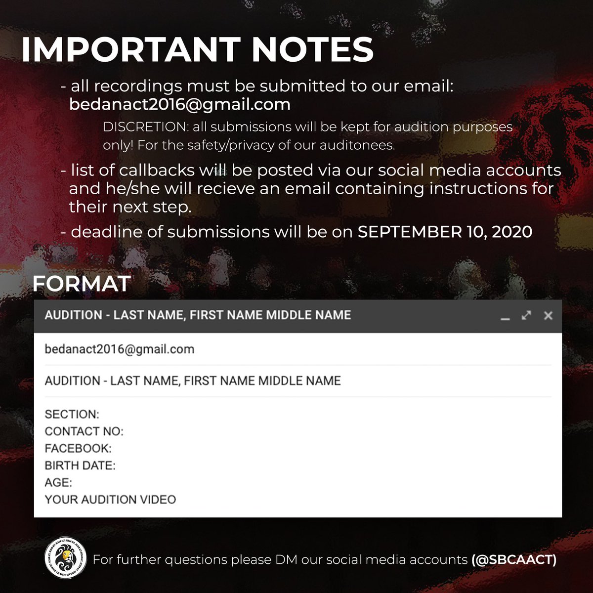 SbcaACT's tweet photo. BEDAN ACT AUDITION GUIDELINES 
For more inquiries please message our social media accounts https://t.co/zVsyjdkgsk https://t.co/7mE7WtAuas