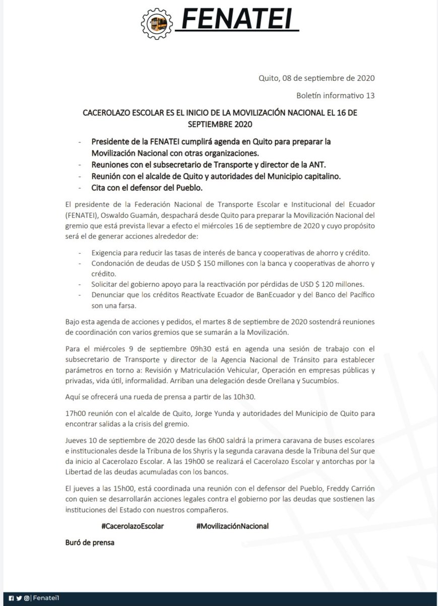 FENATEI1's tweet photo. .#CacerolazoEscolar| El presidente @oswaldoguamanm trabajará en #Quito esta semana para preparar la #MovilizaciónNacional. Sostendrá varias reuniones con autoridades  @DEFENSORIAEC, Transporte y @ObrasPublicasEc @ANT_ECUADOR @MunicipioQuito 
Jueves salimos con Cacerolas https://t.co/uLGWtk11h9