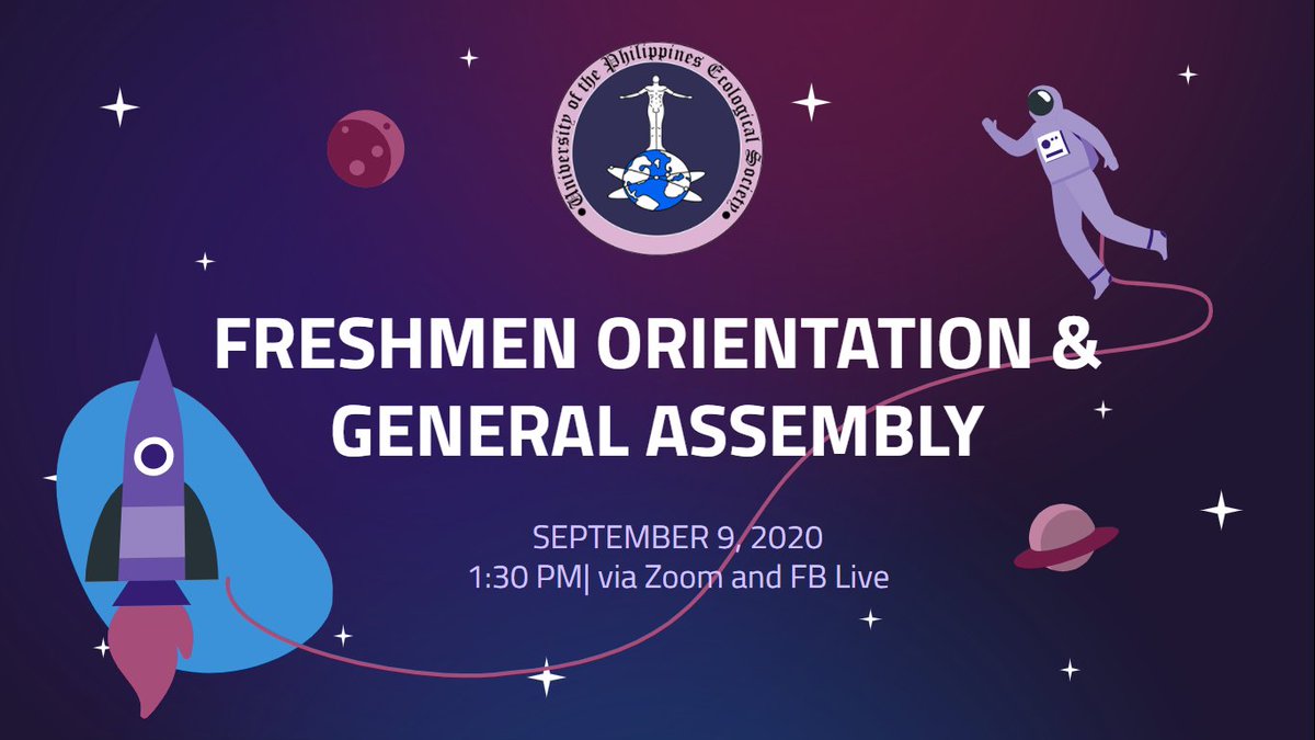 upecsociety's tweet photo. Good Day UPECS!

Our Freshmen Orientation and General Assembly will happen tomorrow, September 9, 2020 at 1:30 PM via Zoom and Facebook live. 

Check out our FB page, UP Ecological Society, for more details. https://t.co/q4jznIbDT7