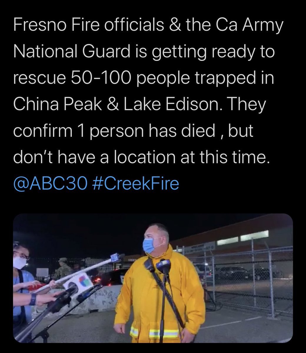 🔥UNOFFICIAL🔥 #FresnoFire officials &amp; the Ca #Army #NationalGuard is getting ready to rescue 50-100 people trapped in #ChinaPeak &amp; Lake #Edison. They confirm 1 person has died , but don’t have a location at this time. #CreekFire