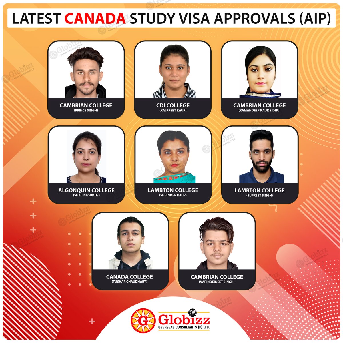 Team Globizz congratulates !! all the candidates for getting Canada Student Visa approval (AIP), for queries call 9815519600.

#CanadaStudyVisa #CanadaStudentVisa #VisitorVisa #TouristVisa #ImmigrationExpert #StudyVisaConsultants #ImmigrationToCanada #Immigration #Canada