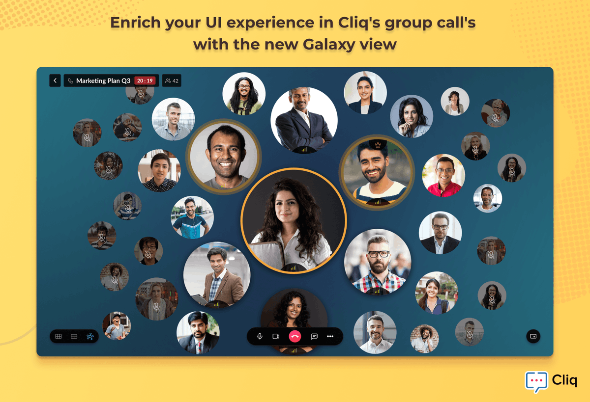 ZohoCliq's tweet photo. 📍📢

Enrich your experience in Cliq's group call's with the all-new Galaxy view. 

All participants will be arranged in a ring format based on their participation in the call, with the active speaker at the center! 

#ZohoCliqUpdates https://t.co/YE9ItJ3ueP