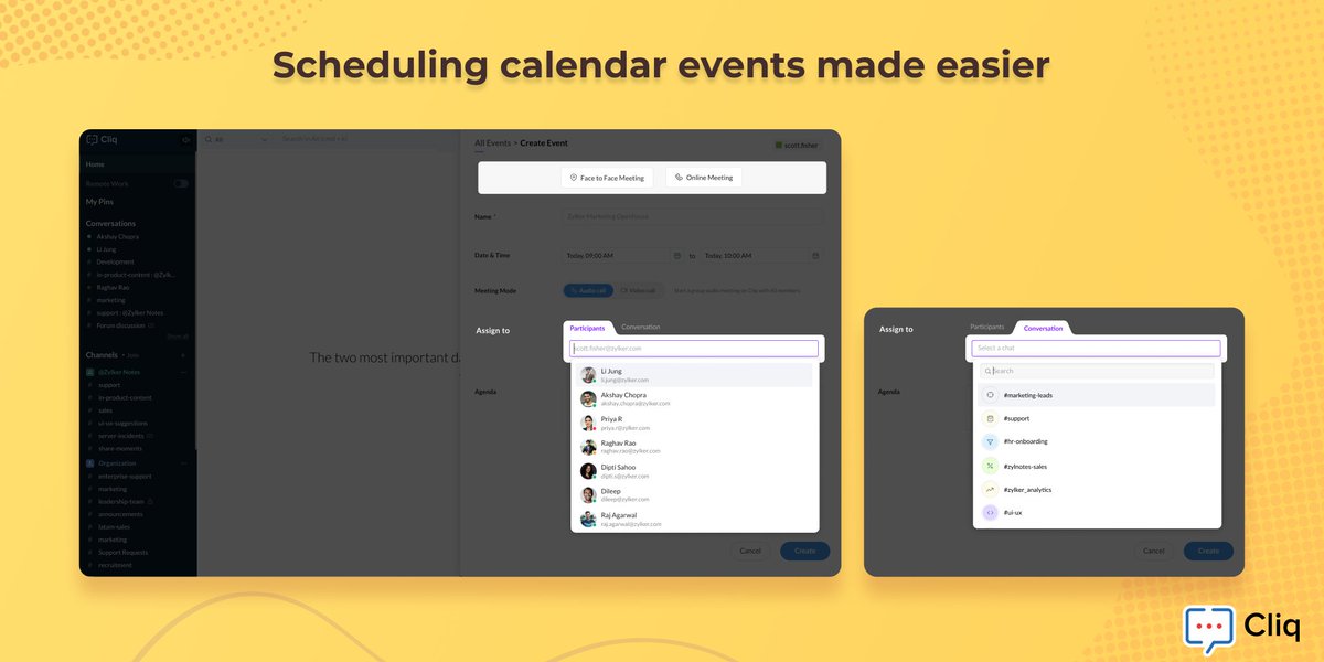 ZohoCliq's tweet photo. 📍📢

Schedule calendar events more precisely as per your needs using the segregated event details option like: 

*Face-to-Face Meeting and Online Meeting

*Invite individual participants or Assign the meeting to a conversation 

#ZohoCliqUpdates https://t.co/6CSVdhXrJC