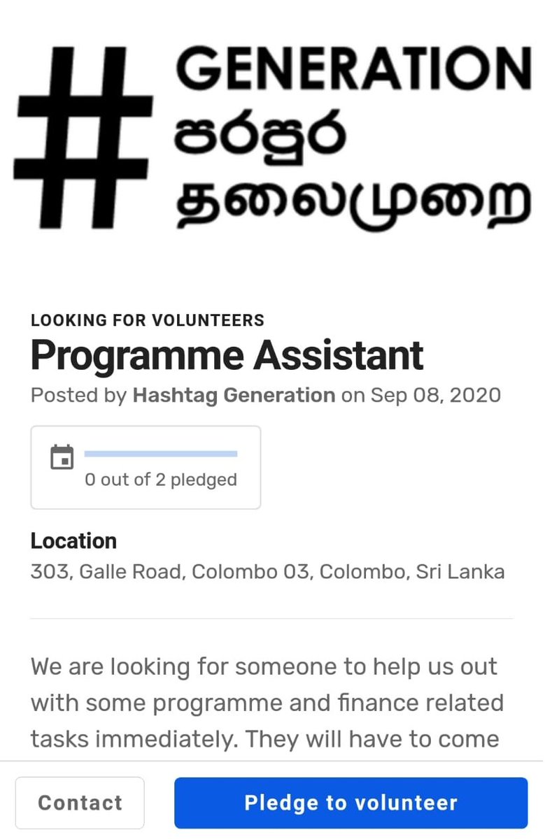 @hashtaggenerationsl is looking for two volunteers.
Role - Programme Assistants
If you are interested, please pledge through the gudppl app.
https://t.co/lvKfzvsUNb
#volunteer #gudppl #SriLanka https://t.co/vJiuiRf0UP