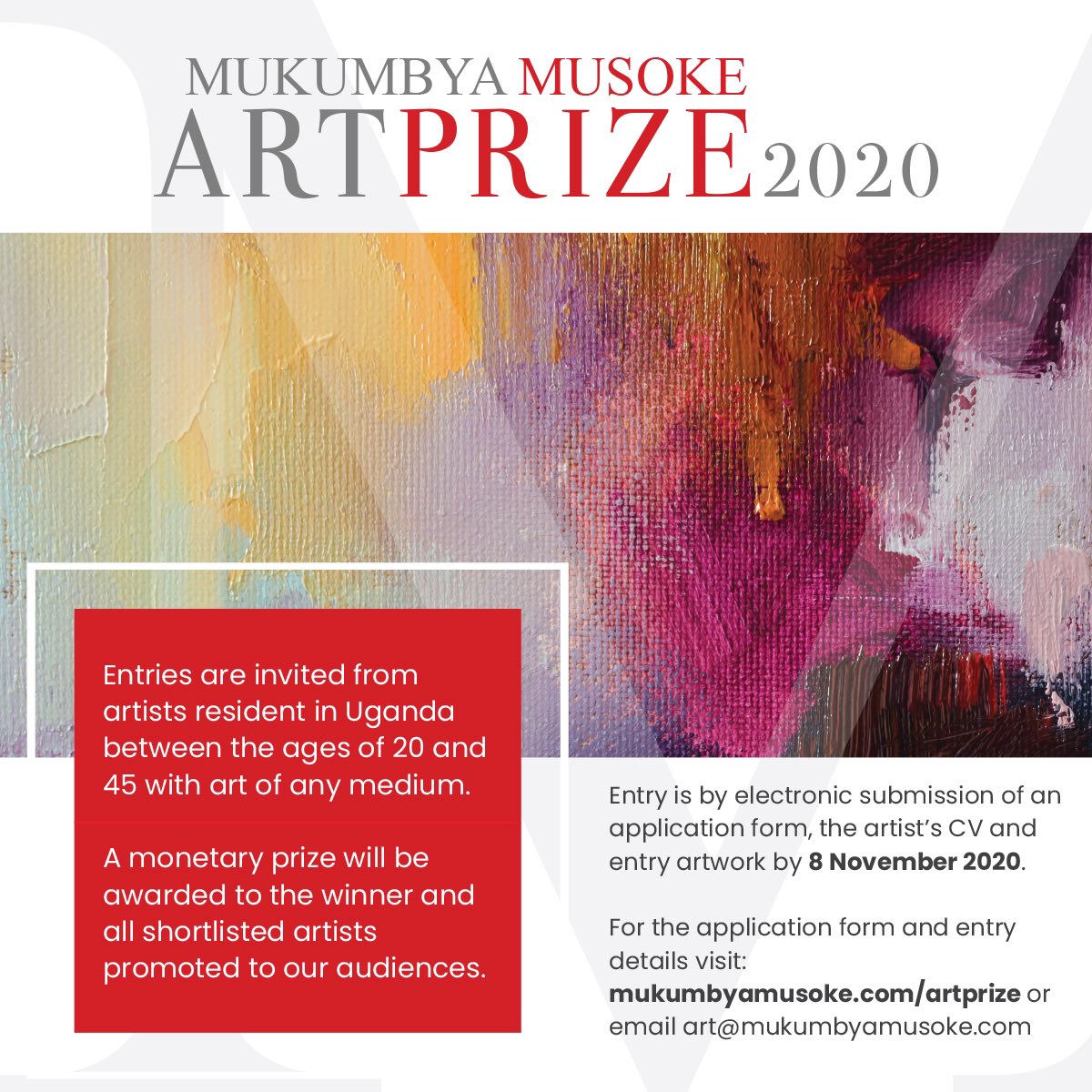 MMA Prize 2020. The call is open. For entries from visual artists in Uganda between the ages of 20 and 45.<a href="/TioKauma/">Stephen Tio Kauma</a> <a href="/DaudiKarungi/">Daudi Karungi</a> <a href="/BBatwooki/">Barbara Barungi</a> <a href="/PaulKaheru/">Pote II</a> <a href="/MsSamallie/">Samallie</a> 
#mmaprize2020 #mmaprize #artprize #contemporaryart #africanart