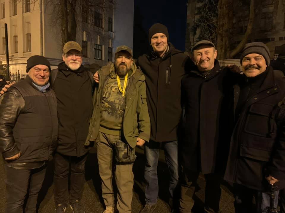 December 2019: Ratushnyy with various affiliates of the OUN-B at a "No Capitulation" protest, including Marko Suprun, Stefko Bandera, and Pavlo Bilous of "Free People." Also in the middle is UNA-UNSO's Igor Mazur, a leader of "Capitulation Resistance Movement"