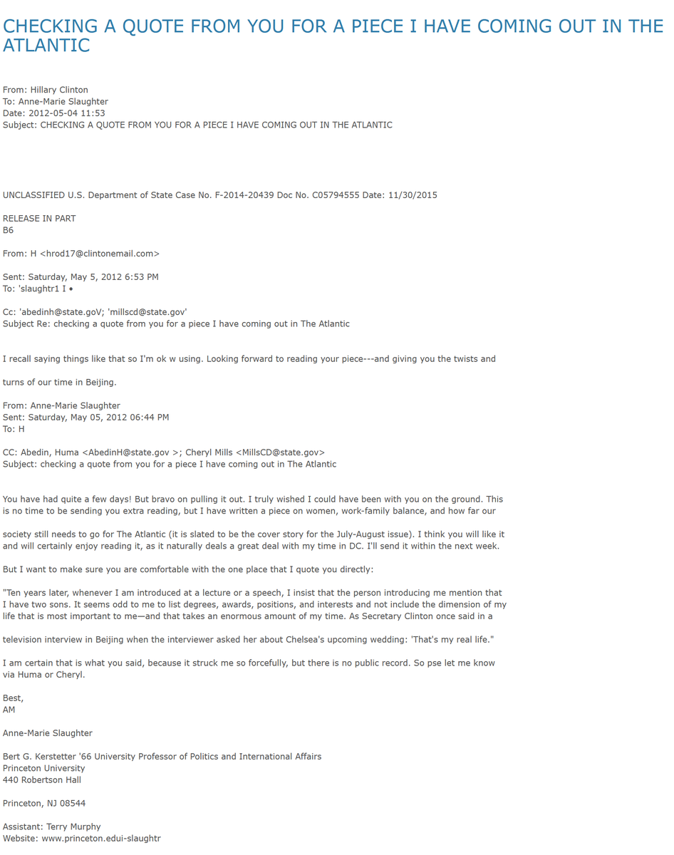 From: HRCTo: Anne-Marie SlaughterSub: CHECKING A QUOTE FROM YOU FOR A PIECE I HAVE COMING OUT IN THE ATLANTIC"I recall saying things like that so I'm ok w using. Looking fwd to reading your piece---& giving you the twists & turns of our time in Beijing" https://wikileaks.org/clinton-emails/emailid/18335