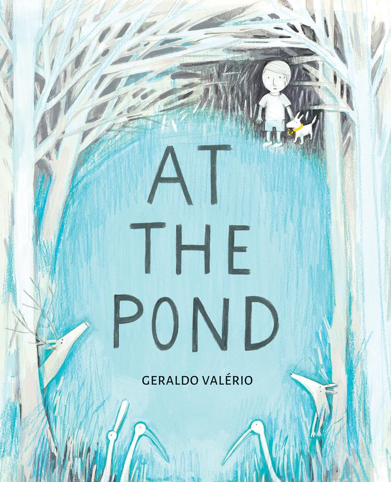 In grey woods, a boy & leashed dog meet swans on a pond, which carry them through natural beauty. After freeing his dog & leashing a swan, things change & the boy must come to a new understanding of relationships with animals. Gorgeous,wordless PB #GeraldoValerio @GroundwoodBooks