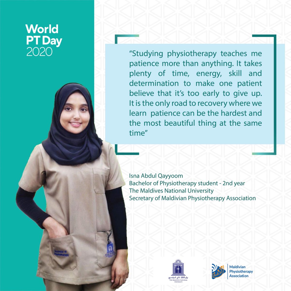 maldivianphysio's tweet photo. Here are few messages from some of our student members on the occasion of World Physiotherapy Day. #WorldPTDay2020 #COVIDー19 #rehabilitation https://t.co/IRfTzVkOPG