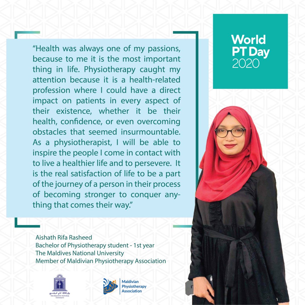 maldivianphysio's tweet photo. Here are few messages from some of our student members on the occasion of World Physiotherapy Day. #WorldPTDay2020 #COVIDー19 #rehabilitation https://t.co/IRfTzVkOPG