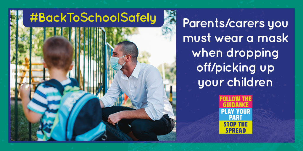 RochdaleCouncil's tweet photo. ⚠️ You must wear a face covering when dropping your child off at school / picking them up from school ⚠️
This is part of the measures in place to protect everyone. 
Please don't make other parents/carers feel uncomfortable at the school gates by not wearing a face covering… https://t.co/MHWYNeQbP3