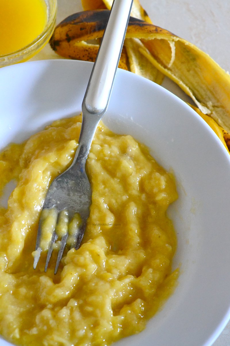 Mash the mananas and remember we said, the spottier they are, the better they are for this recipe 