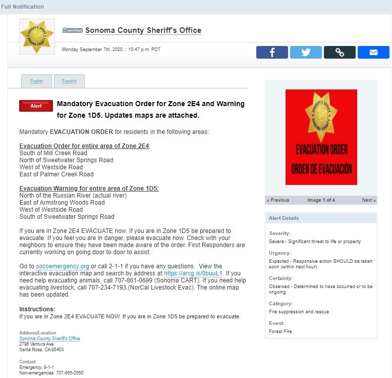 CEDRdigital's tweet photo. 🚨Mandatory Evacuation in #SONOMA County🚨
for Zone 2E4
South of Mill Creek Rd
North of Sweetwater Springs Rd
West of Westside Rd
East of Palmer Creek Rd
⚠️Evacuation Warning Only for Zone 1D5⚠️
Evacuation map: https://t.co/zgtBB4NhDi 
Order: https://t.co/eNEbSsQfgV
#Walbridge https://t.co/oTkh0Hbm3Q
