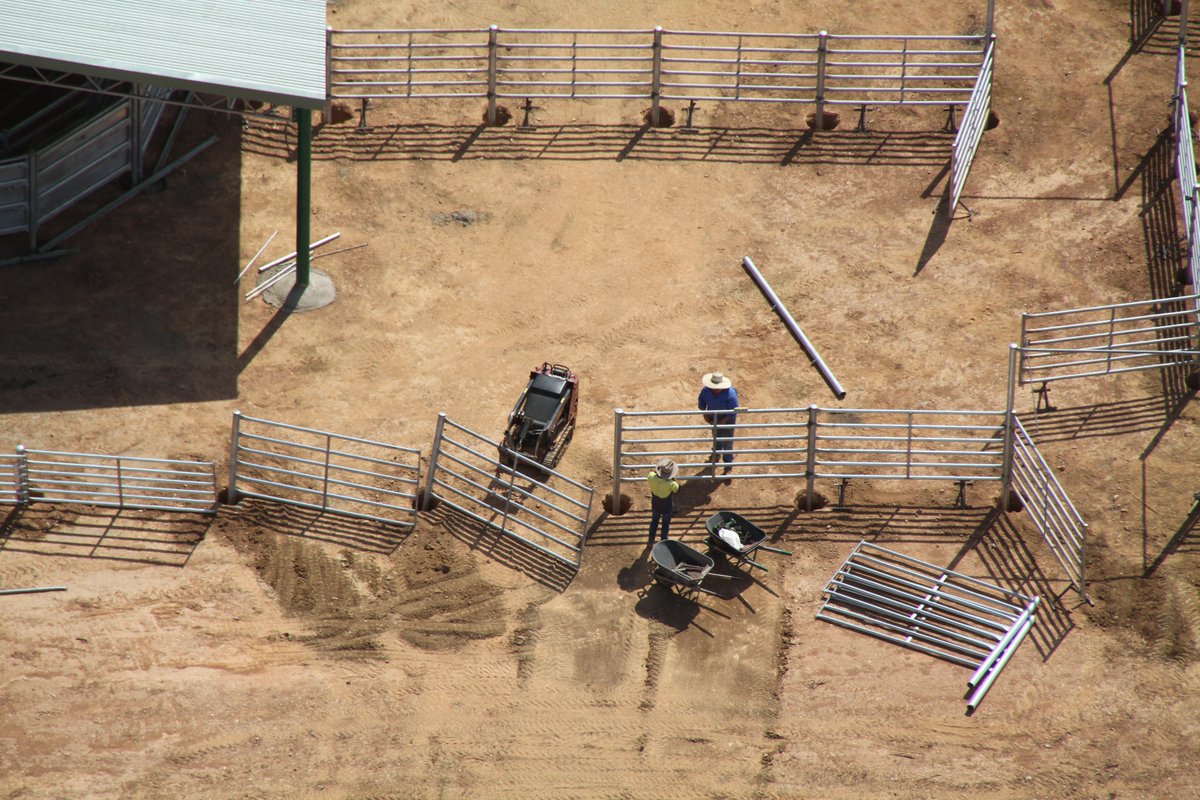 ProWay2000's tweet photo. Photos from the chopper &amp; ground by Mick &amp; Amanda Clark during construction at Ibis Creek Pastoral Company, Mt Coolon, QLD.

From bare site to fully functioning, a key advantage of ProWay #cattleyards is the efficient assembly of your unique design to a pre-determined schedule. https://t.co/7viop9JESv