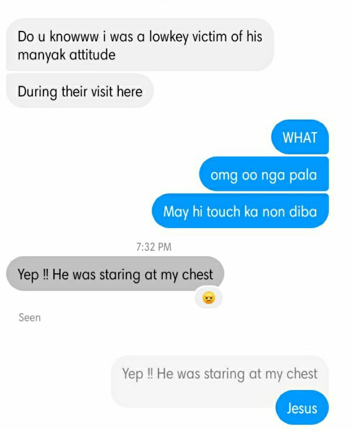 We were talking about Woojin in her Facebook post so she decided to send me a message. Trans :Her: did u know i was a lowkey victim of his perverted attitude during their visit here?Me: what? Omg, yeah u had hi touch access thenHer: yep! He was staring at my chest +