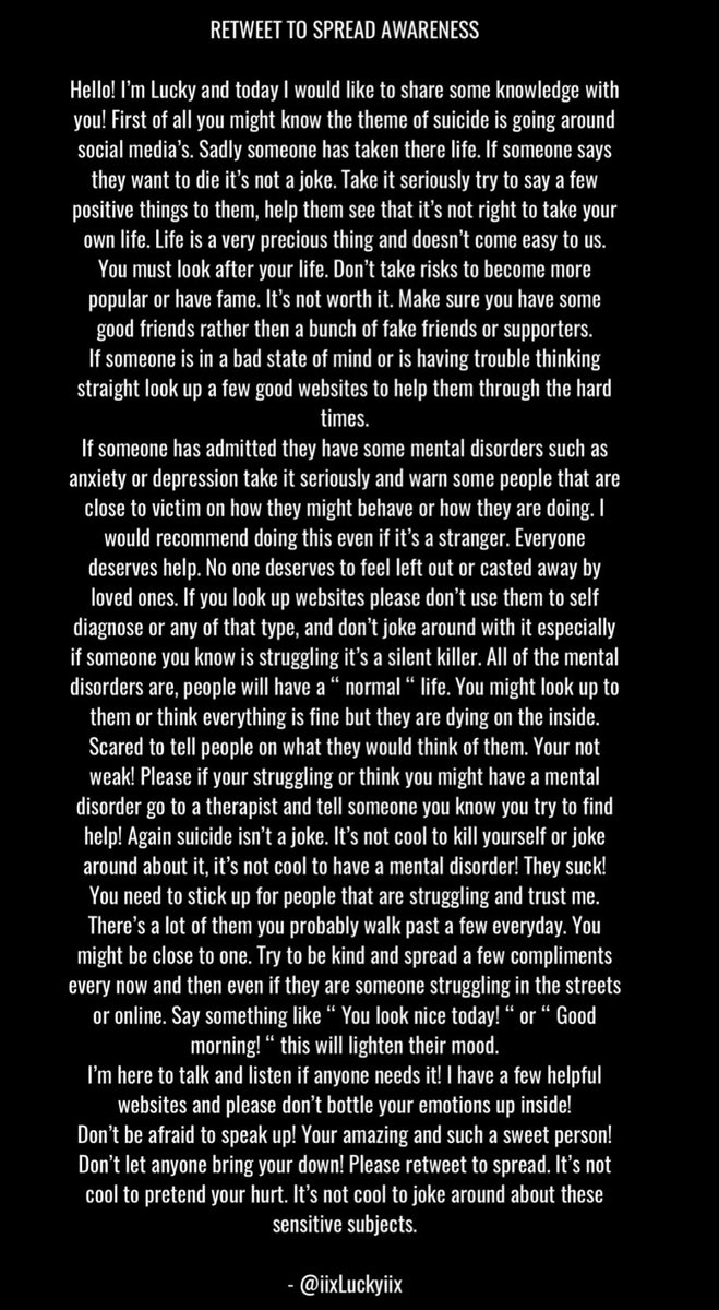 Please! Retweet to spread awareness! 
#SuicidePrevention #youramazing #dontletanyonebringyoudown #iixLuckyiix