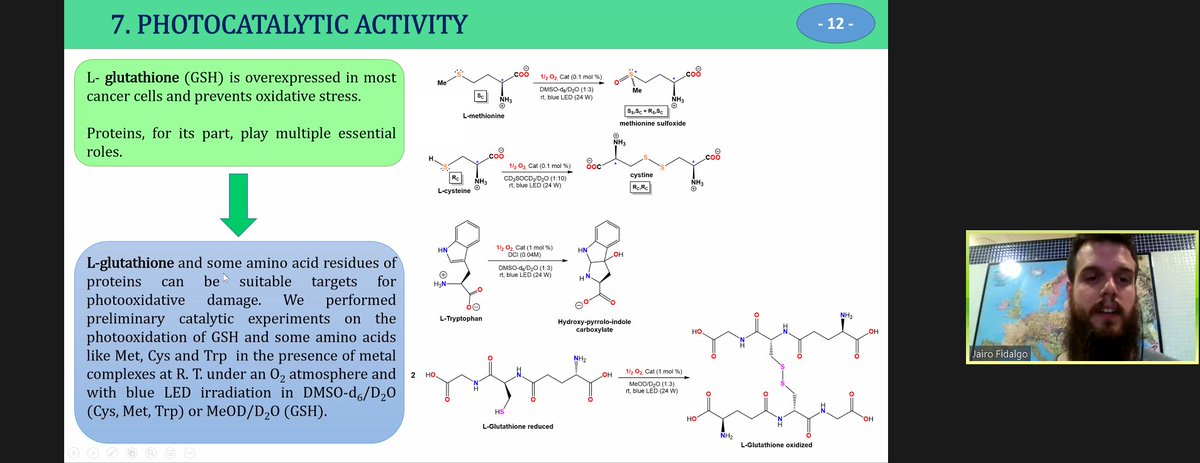 AEBIN5's tweet photo. Jairo Fidalgo from @UBUEstudiantes presenting his results on the photooxidation of L-glutathione and some amino acids mediated by Ir(III) and Rh(III) complexes

#photochem2020 of @AEBIN5 https://t.co/AlNRxhWFYE