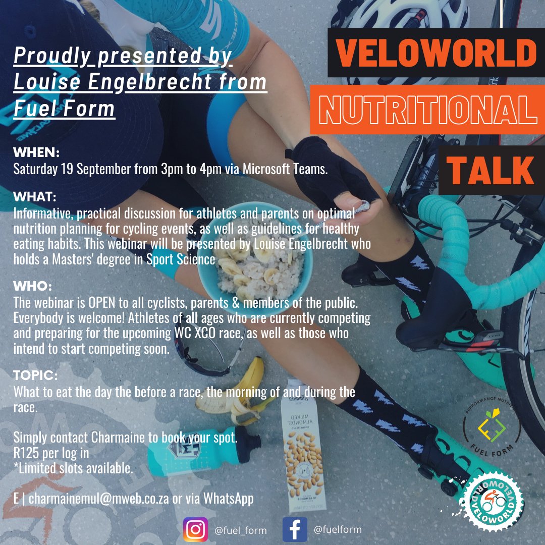 VeloWorldZA's tweet photo. Have you entered the upcoming WC XCO event? Join our webinar with Louise Engelbrecht from #FuelForm on 19 Sept from 3-4pm &amp; make sure your nutrition is as sharp as your preparation so you can perform at your best.

Simply contact Charmaine to book:
E | charmainemul@mweb.co.za https://t.co/EGLVmZb1Mu