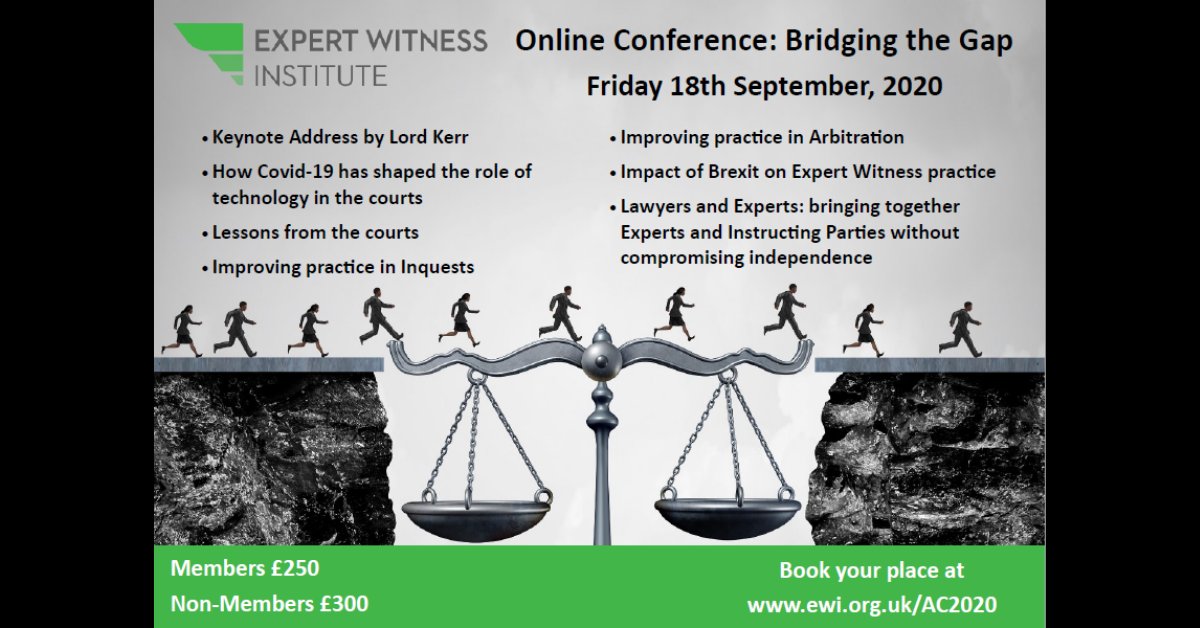 Jennifer Jones will be among the speakers at the Expert Witness Institute's Annual Conference on 18.9.20 which offers expert witnesses the opportunity to hear the latest advice from other experts, solicitors, barristers and judges 
lnkd.in/dqfUMzm