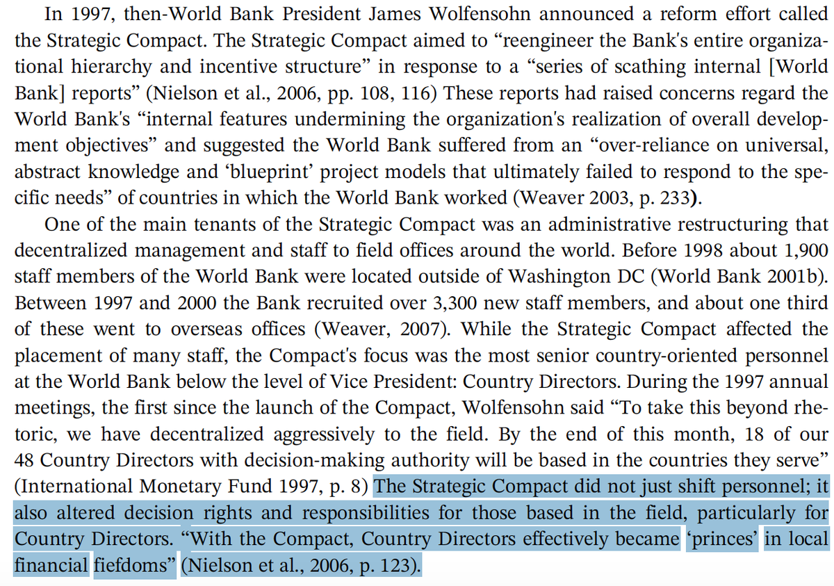 This allowed me to examine 1) presence/absence of personnel of different levels/statuses & 2) whether the “Strategic Compact” (a big 1997 change that gave Country Directors more power) changed things at all. 10/