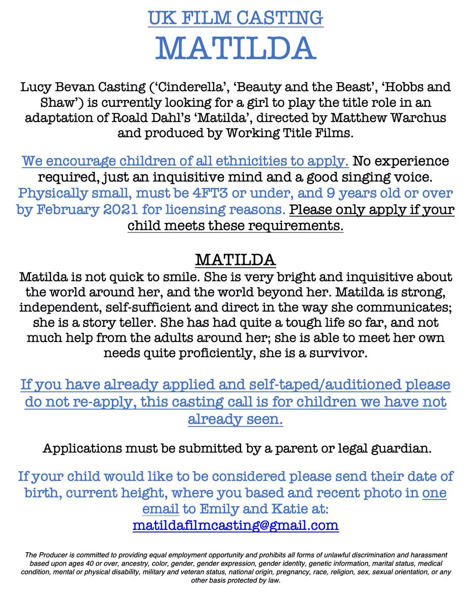 Emily Brockmann (@emily_brockmann) on Twitter photo We are doing another search for a small 9-10 year old girl to play the role of Matilda in the <a href="/Working_Title/">Working Title</a> film 'Matilda'. Details on the flyer attached. Please RT! Thank you🙌 #castingcall #kidscasting #casting We are doing another search for a small 9-10 year old girl to play the role of Matilda in the <a href="/Working_Title/">Working Title</a> film 'Matilda'. Details on the flyer attached. Please RT! Thank you🙌 #castingcall #kidscasting #casting