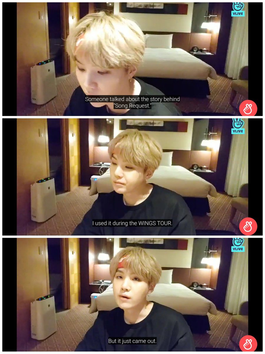+ Which brings me round now to Song Request. Although Song Request was only released last year, Yoongi admitted during a vlive that he had been working on it during Wings Tour - in other words, it was born during the time Yoongi was laying his heart bare on stage, every night +