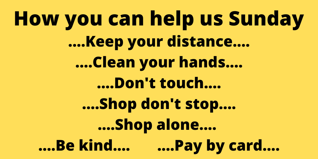 TonbridgeFmMrkt's tweet photo. Please can you help us on Sunday by 
Keeping your distance
Cleaning your hands
Only touch what you are buying
Shop don't stop
Shop alone
Pay by card if you can
Be Kind to everyone
#Tonbridge #ShopLocal #StayAlert 
Thank you https://t.co/O0PGpJIPkw