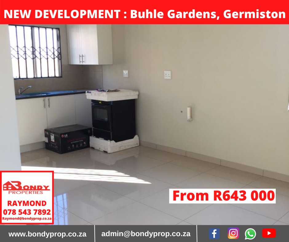BondyProperties's tweet photo. NEW DEVELOPMENT: Buhle Gardens, Germiston 

Homes range from R643 000 (50sqm) - R863 000 (90sqm)

No hidden costs, bond and transfer fees included.

Contact Raymond 078 543 7892 | raymond@bondyprop.co.za for more information. https://t.co/PdTH0KCCzU