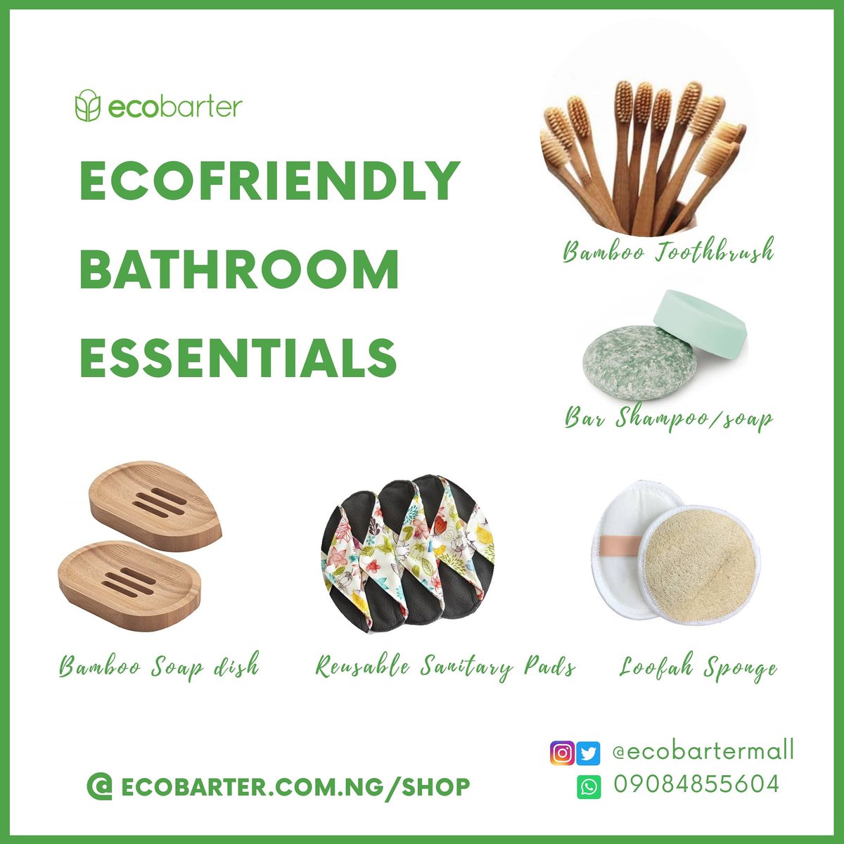 Ecobartershop's tweet photo. Easy swaps you should make for an eco-friendly bathroom.
#bambootoothbrush #bamboosoapdish
#barshampoo
#loofahsponge
#reuseablesanitarypads
Saves 10s of kilograms of waste from your bathroom with these easy swaps- towards a zero-waste world. https://t.co/ZeXcxthvXk