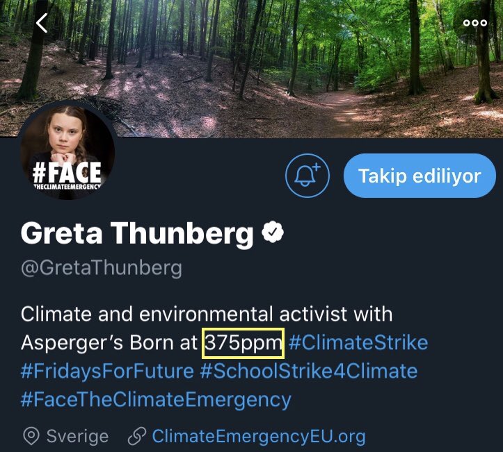 verbiikircik's tweet image. Greta’ nın profilinde 375 ppm ‘de doğdu yazıyo. Yani doğduğundaki atmosferdeki karbon parçacığı miktarı. Sanayi devrimi öncesi 280 ppm iken, şimdi 414 ppm civarında. O yüzden gezegenin en ciddi aktivisti. İklim krizini durdurmaktan başka çaremiz yok. #stopclimatecrisis