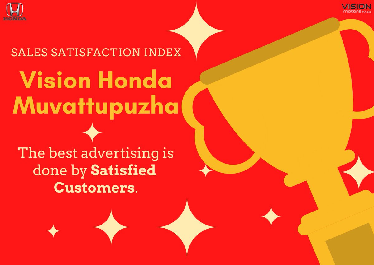 visionhondaoff's tweet photo. Our obsession with quality, and to be always on top of things continues!

We are delighted to announce that our #Muvattupuzha team has bagged the PAN INDIA NUMBER 3 POSITION in 'All India SSI (Sales Satisfaction Index) Results' declared by #Honda Cars India.

#visionhonda https://t.co/VeC29mCxIH