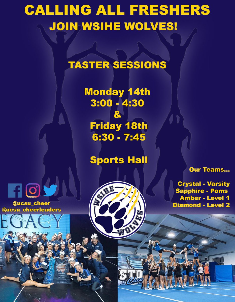 ucsu_cheer's tweet photo. CALLING ALL FRESHERS! Taster Session dates have now been announced! Book your place now to train with the WSIHE Wolves!💙💛🐾 Tryouts for our teams are soon to be announced! https://t.co/ynENzBTuij