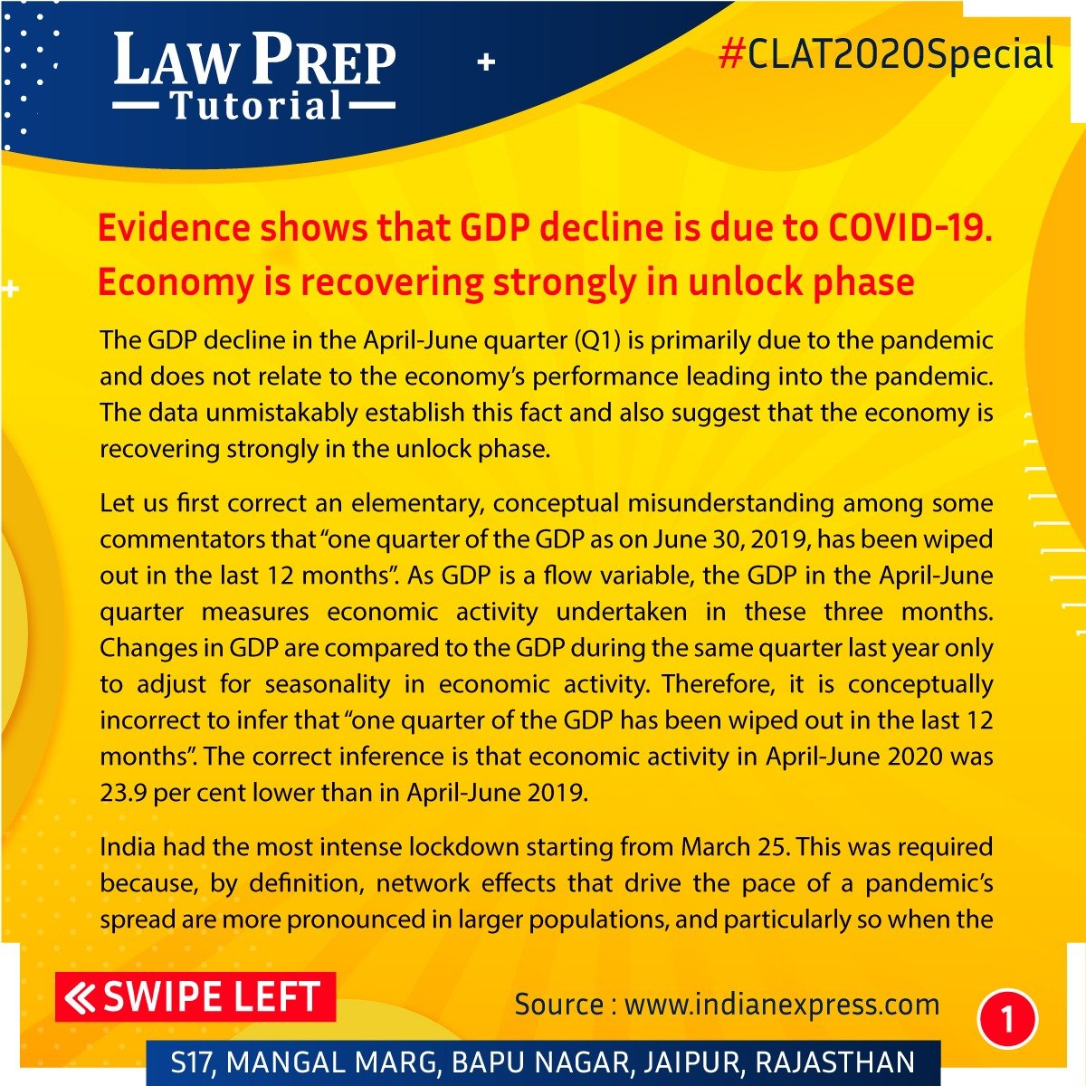 LegaledgeJpr's tweet photo. Evidence shows that GDP decline is due to COVID-19. Economy is recovering strongly in unlock phase. 

Stay connected for more such articles.

#LawPrepJaipur #LawPrep #CLAT2020 #GDP #GDPDecline #IndiaGDP #Economic #EconomicCrisis #India #CoronaPandemic https://t.co/mY7LQezqY4
