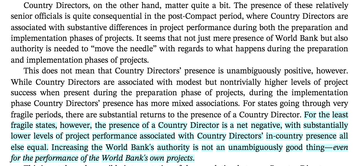 As states become less and less fragile, the presence of a Country Director HURTS performance relative to a director being based outside DC. 16/