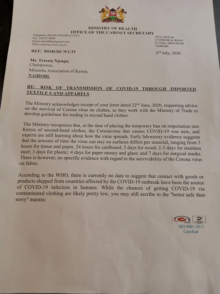 mitumba_ke's tweet photo. According to MOH, there is no data to suggest that contact with second hand clothes can transmit Covid 19. While chances of contracting Covid 19 via contaminated fabric are still low, we urge all Mitumba traders to adhere to the government directives on Covid 19 prevention https://t.co/rLnDb2a5M5