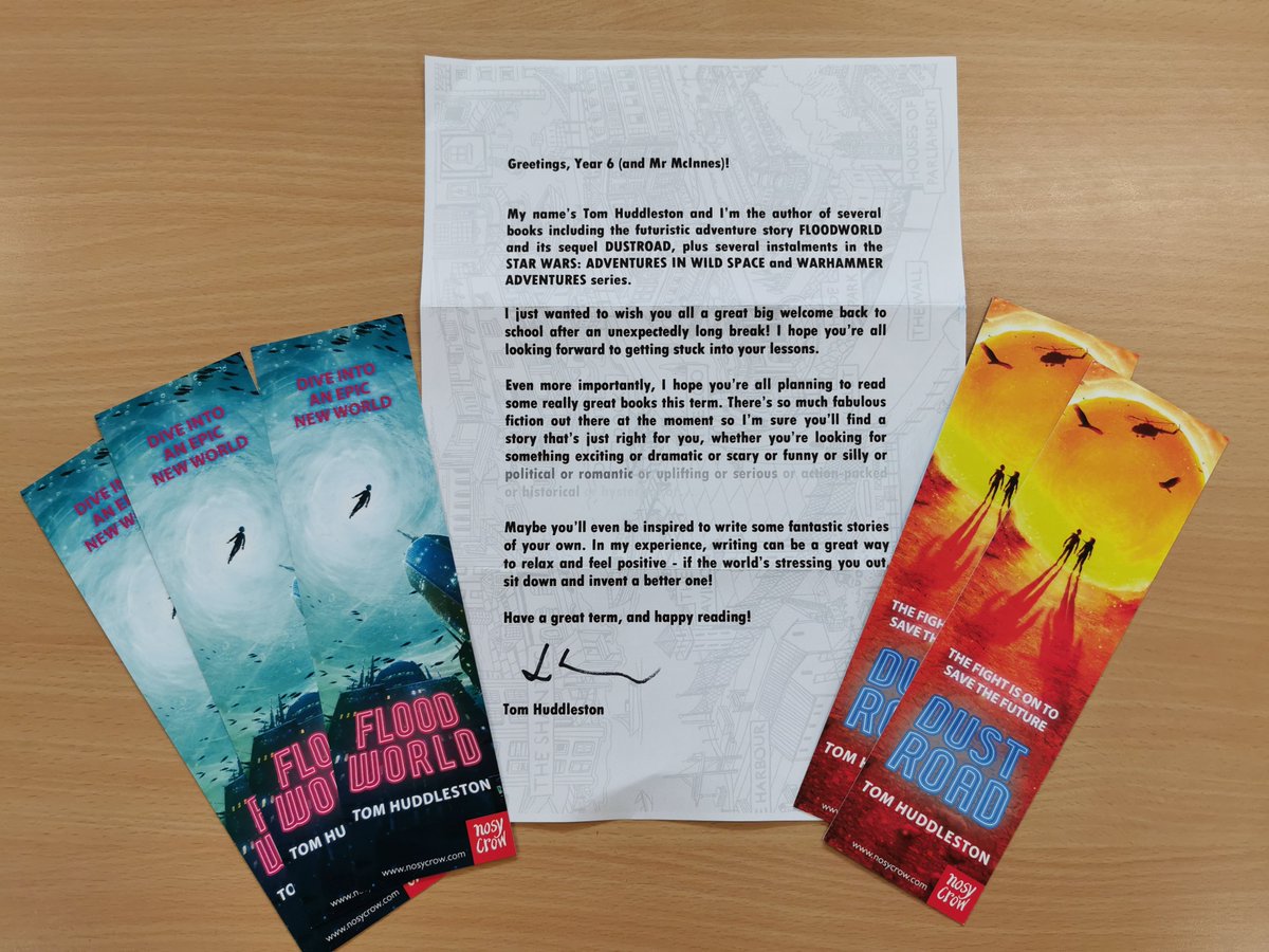 MrMacLPS's tweet photo. Thank you so much @TomHuddleston_ for the fantastic letter and bookmarks. Year 6 were thrilled this morning! Our head girl snapped up #Floodworld straight away😊🌊 https://t.co/mkURJcWCzQ
