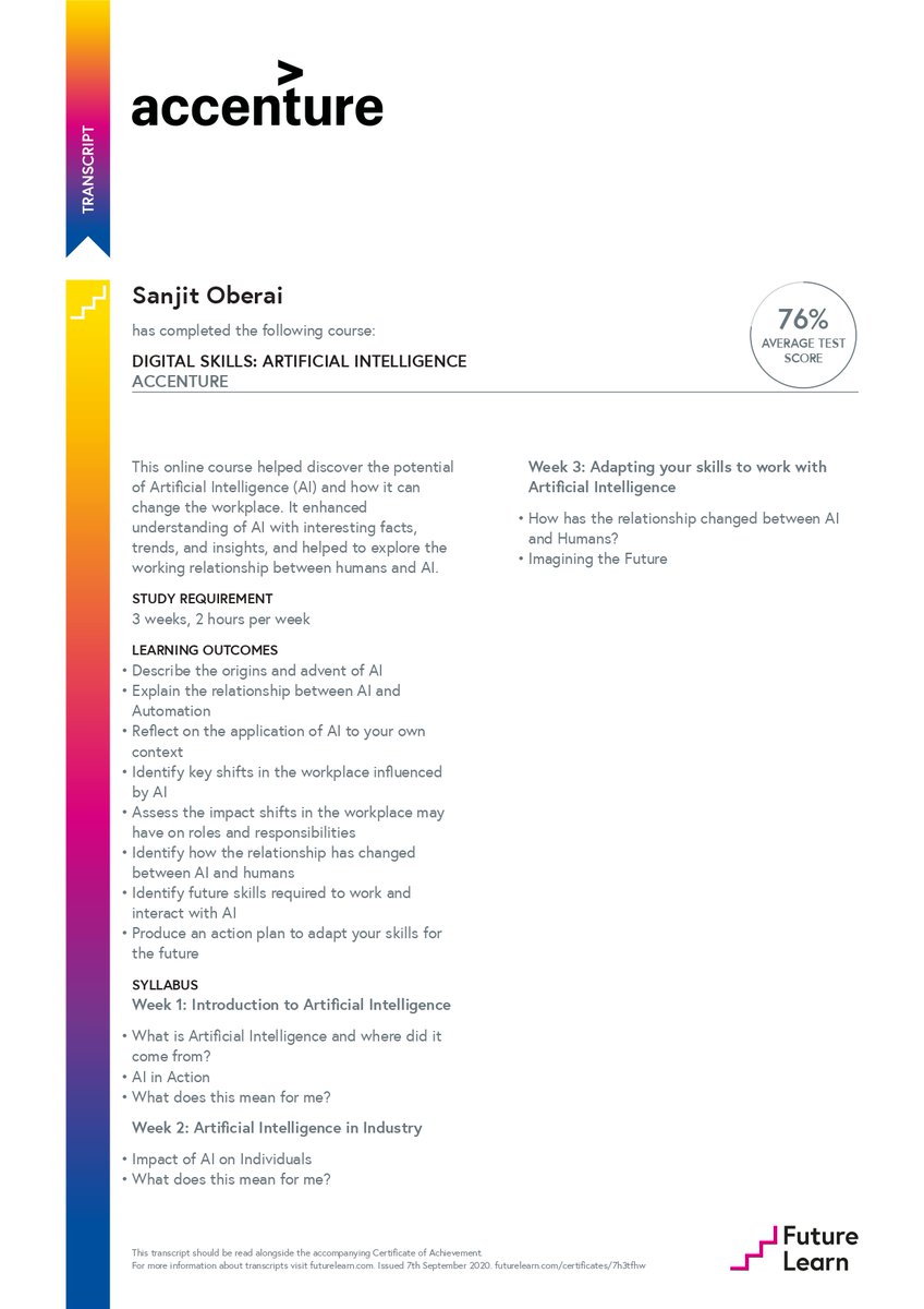sanjit_oberai's tweet photo. Completed this short three-week course 'Digital Skills: Artificial Intelligence' from @FutureLearn and @Accenture 
#artificialintelligence #onlinelearning #digitaljournos
Follow https://t.co/yJL59z5PMT (whr I will be reviewing soon) https://t.co/8lZlY8mUEH