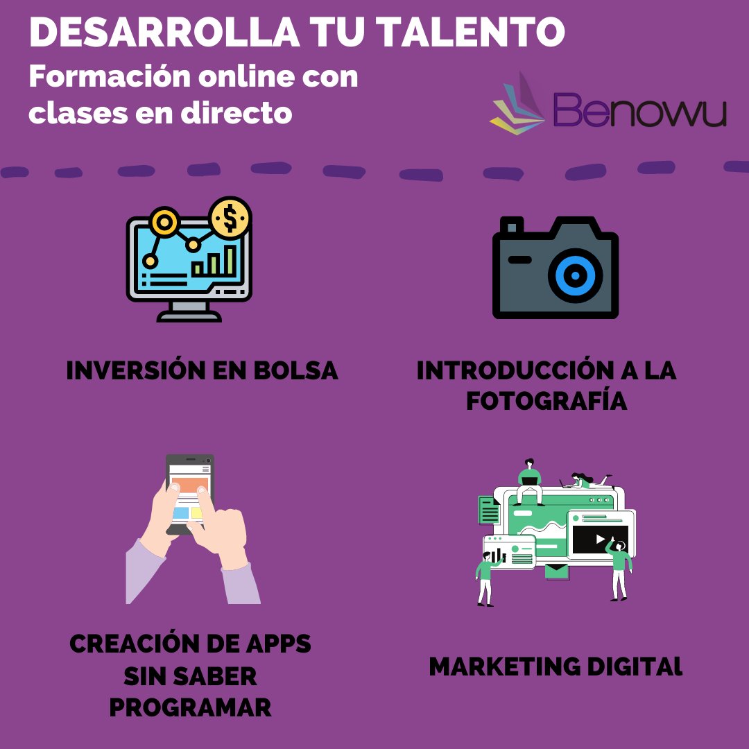 BenowuCom's tweet photo. Cursos distintos para personas diferentes 😆
💪Escoge uno de nuestros 4 cursos intensivos con clases en directo y dale un giro a tu vida💪
#CursosOnline #CursosenDirecto #FormacionenDirecto #CursodeMarketing #CursodeApps #CursodeFoto #CursodeBolsa https://t.co/1D4D2aoiD5