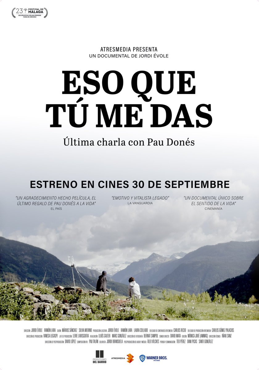 Nos hace mucha ilusión anunciar
la fecha del ESTRENO de “Eso que tu me das”, documental con la última entrevista a Pau Donés.
30 DE SEPTIEMBRE, en cines de toda España. <a href="/WarnerBrosSpain/">Warner Bros. España</a> 
Y este es el cartel definitivo, con algunas frases de críticas que ya se han publicado.