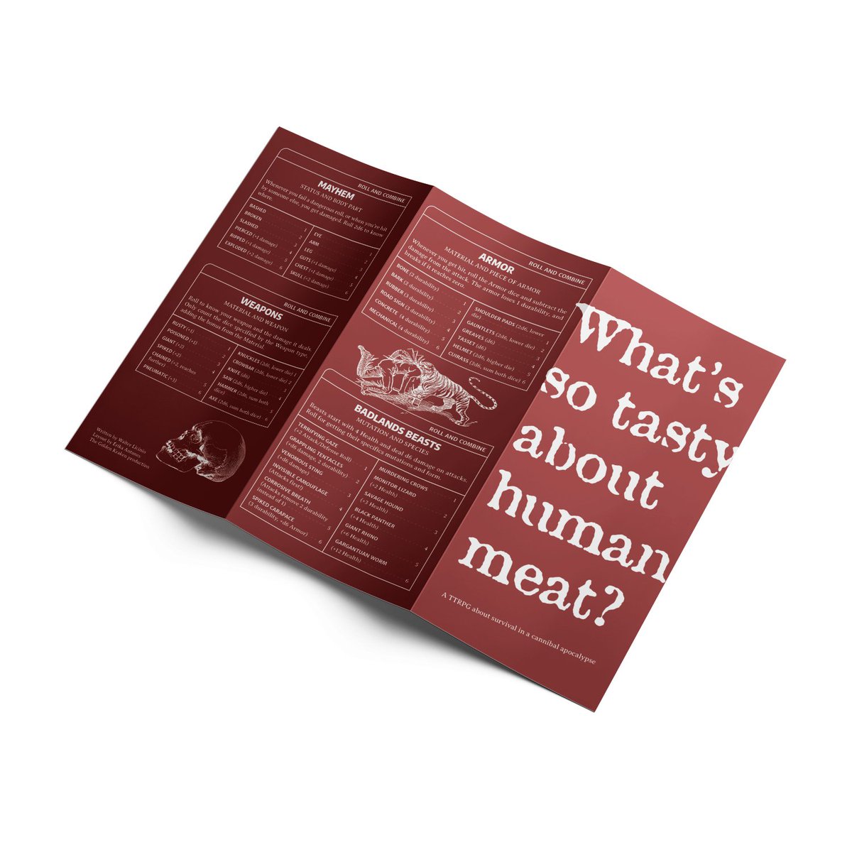 walterlicinio's tweet photo. Here are some mockups for What's So Tasty About Human Meat.
The premise of the game couldn't be simpler: you and your friends managed to escape cannibal coliseum.
Now you roam around the apocalyptic badlands, trying to flee and survive!
#TTRPG #wscajam #dnd #fallout #rpg https://t.co/oAMOAFGjRO