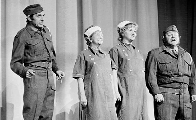 Sir #HarrySecombe with co-stars #EricSykes #BerylReid and #JoanSims starring in the variety show 'Fall in the Stars' in aid of The Army Benevolent Fund at the #LondonPalladium on 19th April 1971.