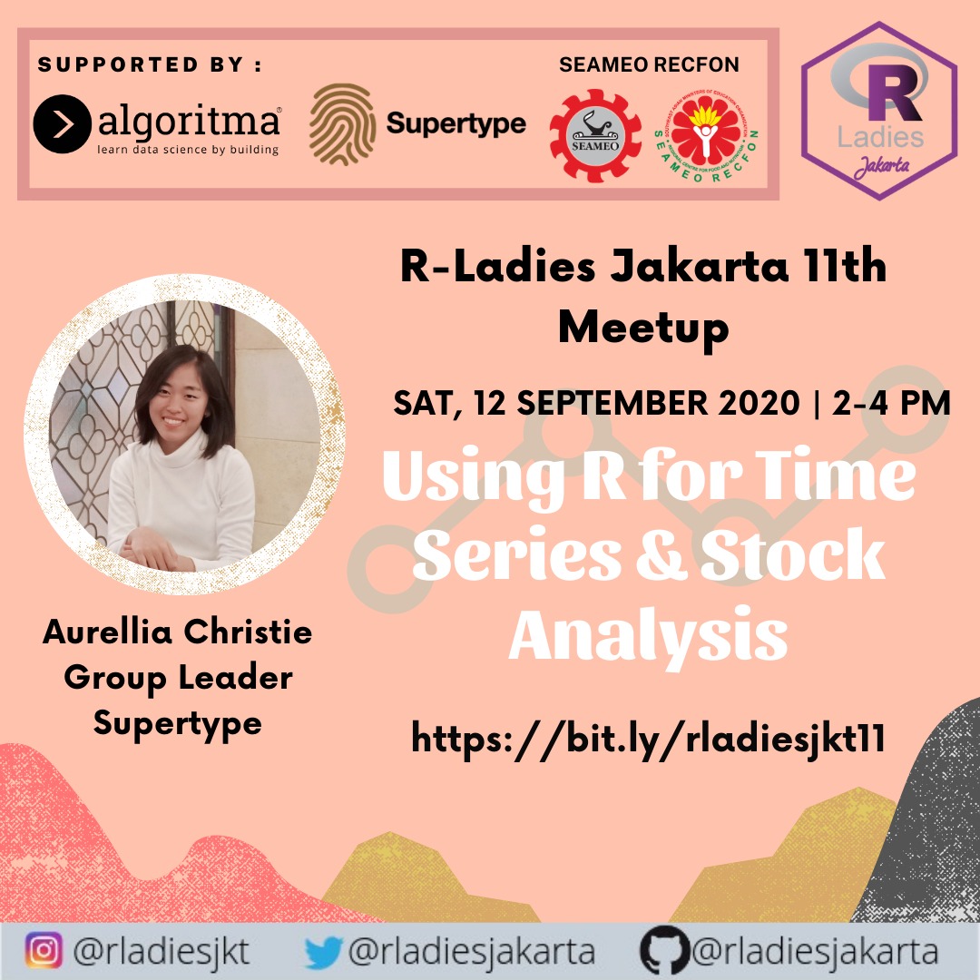 Come join us this Saturday. This time, we'll collaborate with <a href="/teamalgoritma/">Algoritma Data Science School</a> to explore how to use R for time series &amp; stock analysis. Interested? Rsvp now: bit.ly/rladiesjkt11 #rstats #rladiesjkt #datascience