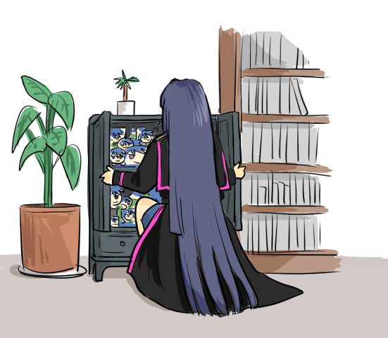 1girl long hair plant solo bookshelf from behind potted plant  illustration images