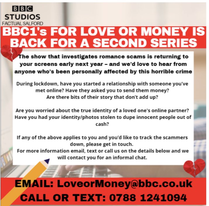 ** Have you or anyone you know ever been caught up in a romance scandal ? ** The BBC are looking for people to speak out and share their stories! Get in touch! **Please RT**
