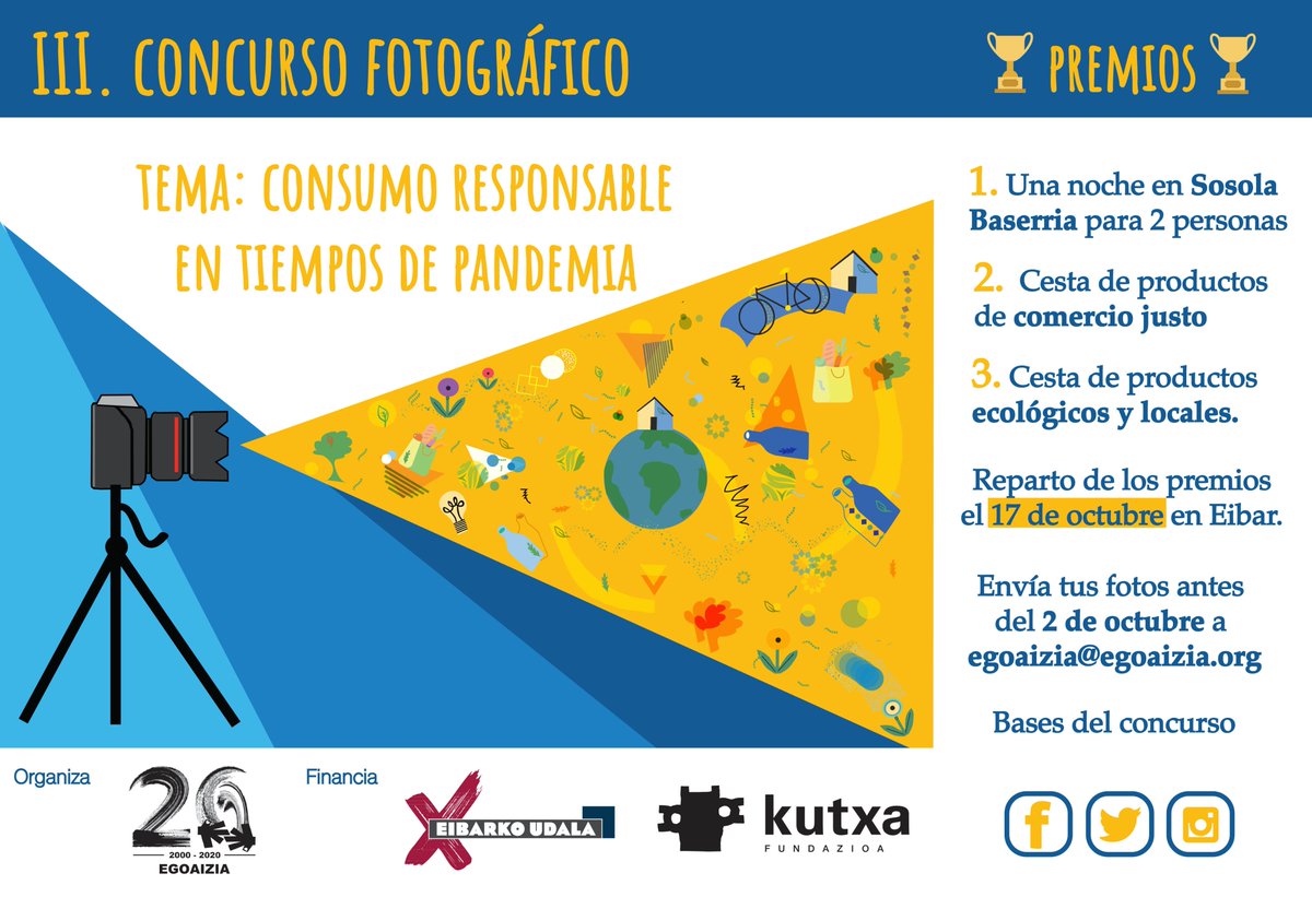 egoaizia's tweet photo. 📷Anímate a participar en nuestro #IIIConcursoFotografico!! 📷

✏️Tema: "#ConsumoResponsable en tiempos de #pandemia"
📆 Hasta el 2 de octubre
📢 ¡Premios sostenibles!

@EibarkoUdala @etakitto @Saretuz @gipsolidarioa @zentzuz @AldatzenEibar @Aldatze @PararConsumismo @EibarZabalik https://t.co/zc7OlPKoAm