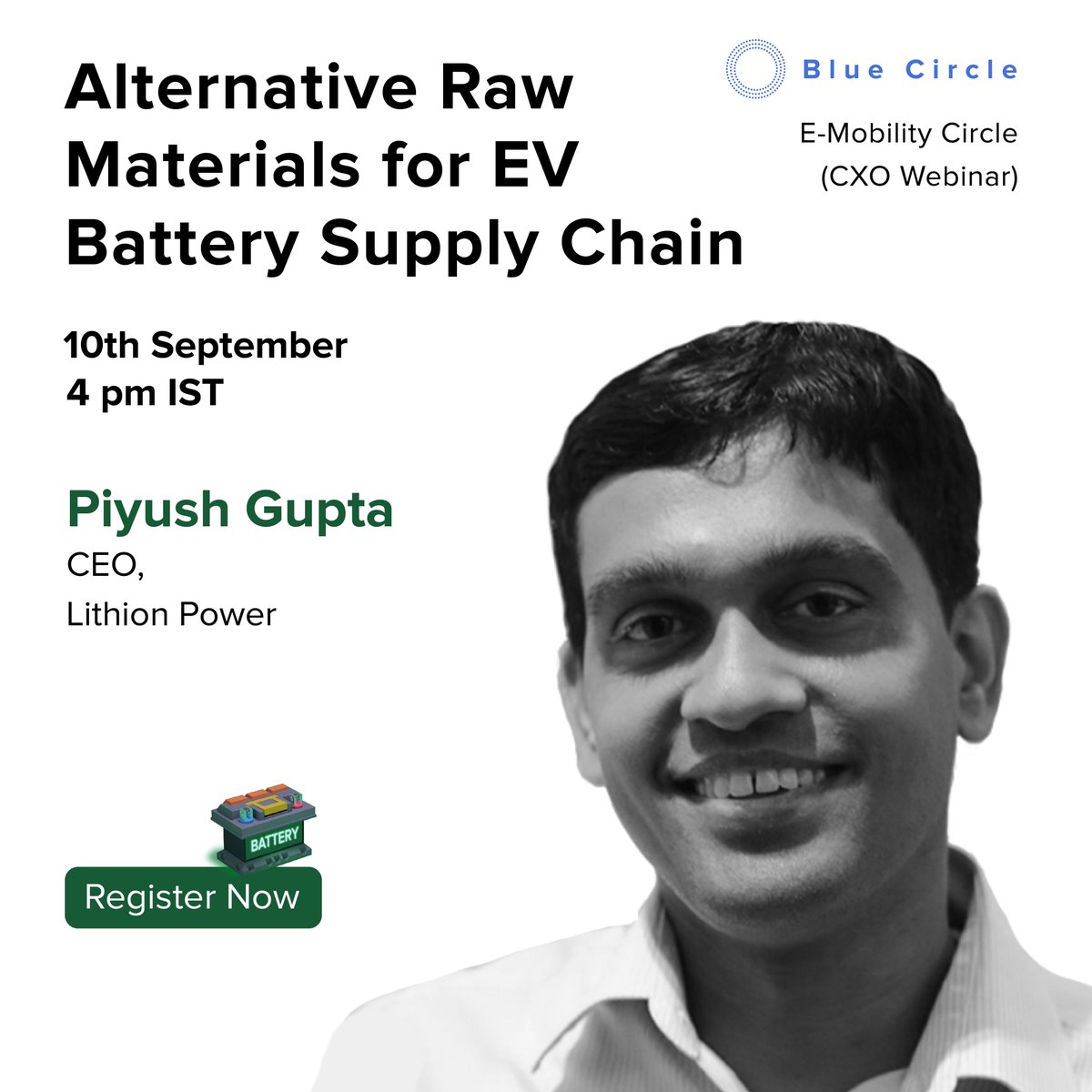 thebluecirclein's tweet photo. Join us on 10th September 2020 at 4 pm IST for an exclusive discussion with Piyush Gupta, CEO, @lithionpower where we discuss

Alternative Raw Materials for EV Battery Supply Chain

Register now.
https://t.co/yyRrdhjTCO

#battery #batterylife #batterysupply #thebluecircle https://t.co/BtDgM6Gh2L