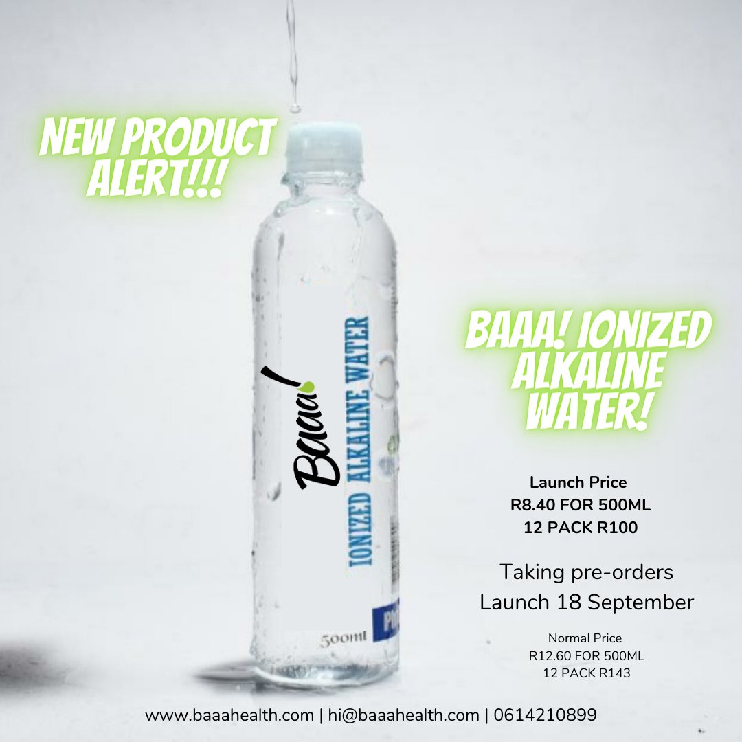 Baaa_Health's tweet photo. We are soooo excited to introduce a newbie to our range. Welcome Alkaline water :).
We are taking orders! Call or WhatsApp 0614210899 to place your order.
#alkalinewater #alkalinediet #alkaline #baaa #baaahealth #bsb #healthylifestyle #water https://t.co/D8J8biJno8
