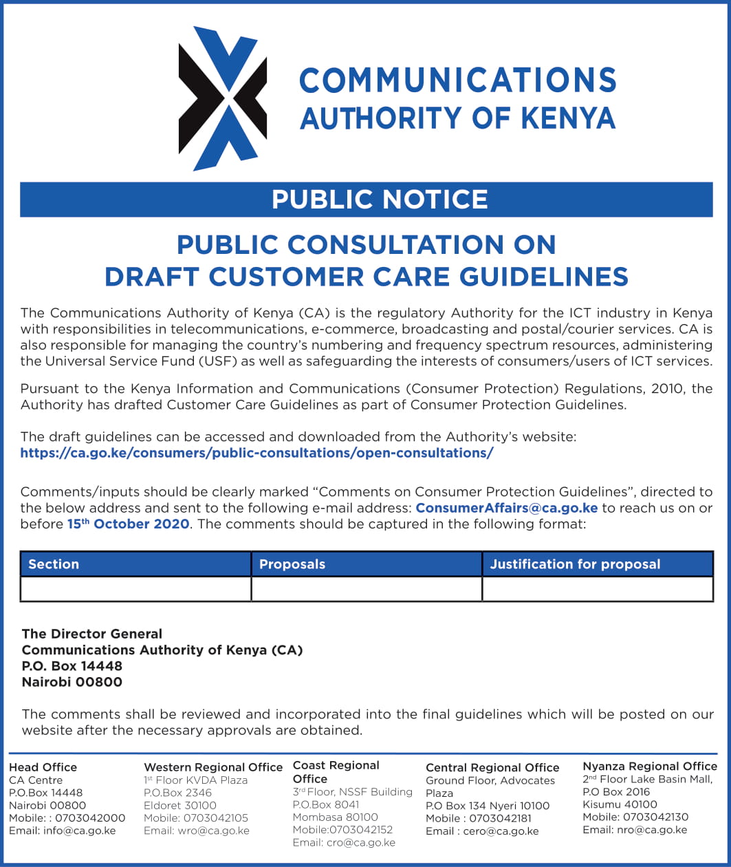 Communications Authority of Kenya (CA) on Twitter "Public Notice